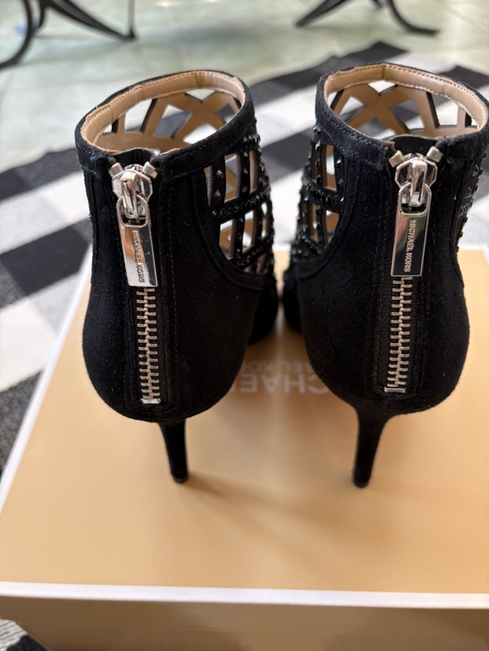 Michael Kors Yvonne Black Studded Open Toe Suede High Heel Bootie - Picture 2 of 12
